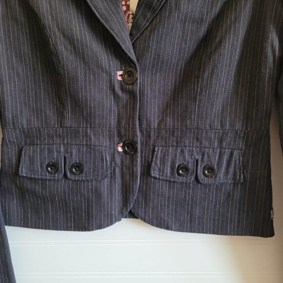 Billabong Denim Blazer Womens Small Black Pinstripe Patch Crest Academia Preppy - Picture 4 of 16